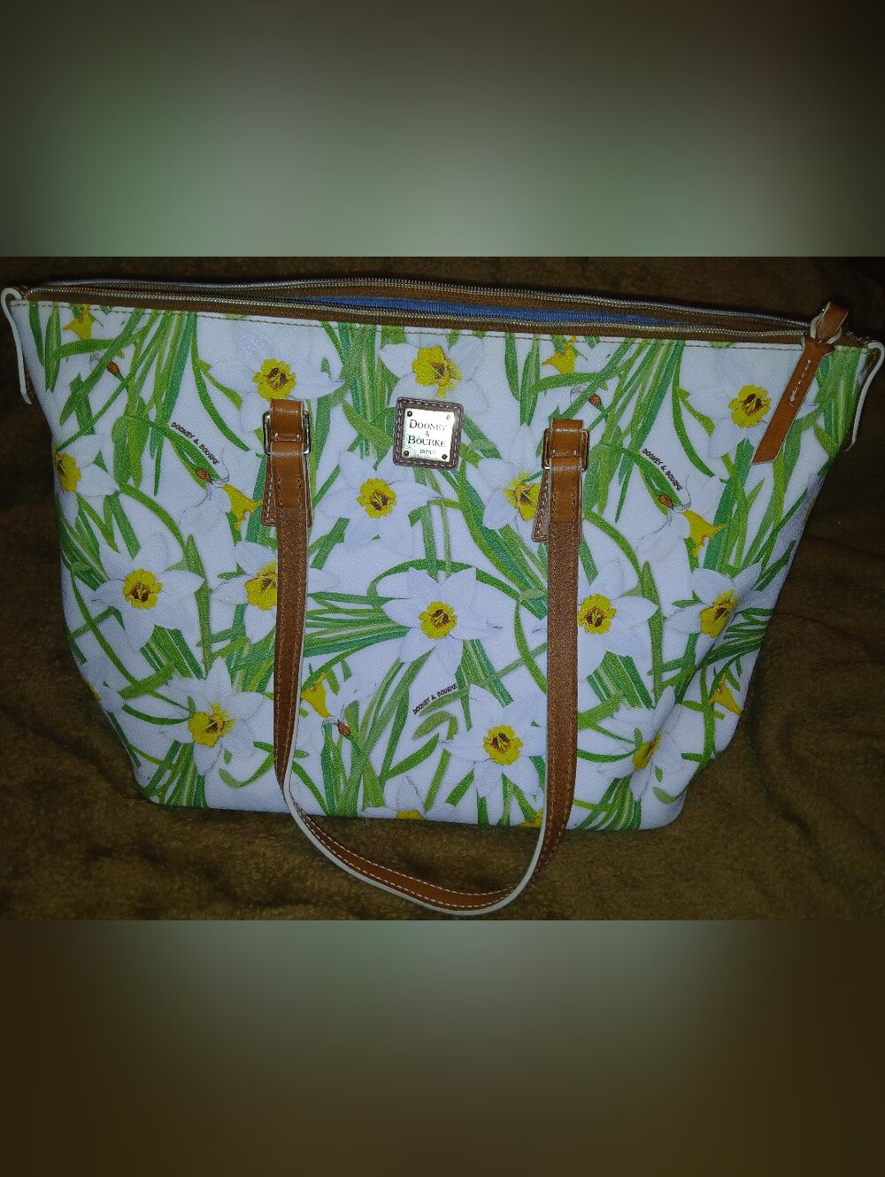 Dooney & Bourke White Floral Tote with Tan Leather Trim